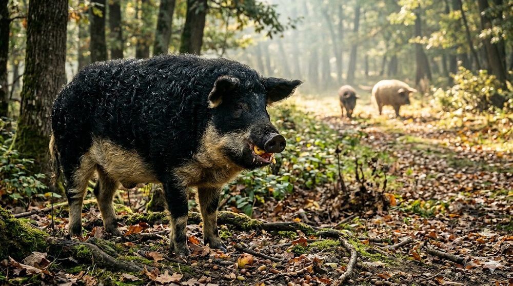 Mangalița neagră în pădure de stejar