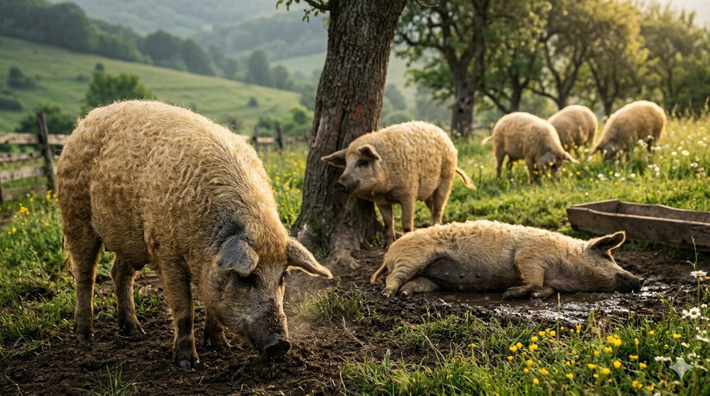 Mangalița blondă pe pășune cu dealuri