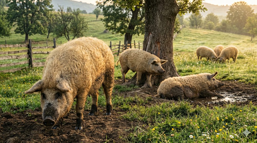 Porci Mangalița lânoși pe pășune